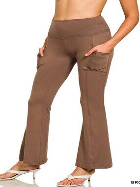 Women's 4 Way Stretch High-Waist Flare Yoga Leggings w/Pockets Brown S-XL